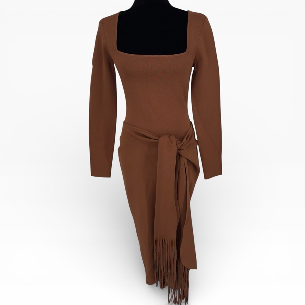 Cult Gaia Lera Dress Small S Saddle - Removable Fringe Skirt Knit Midi
